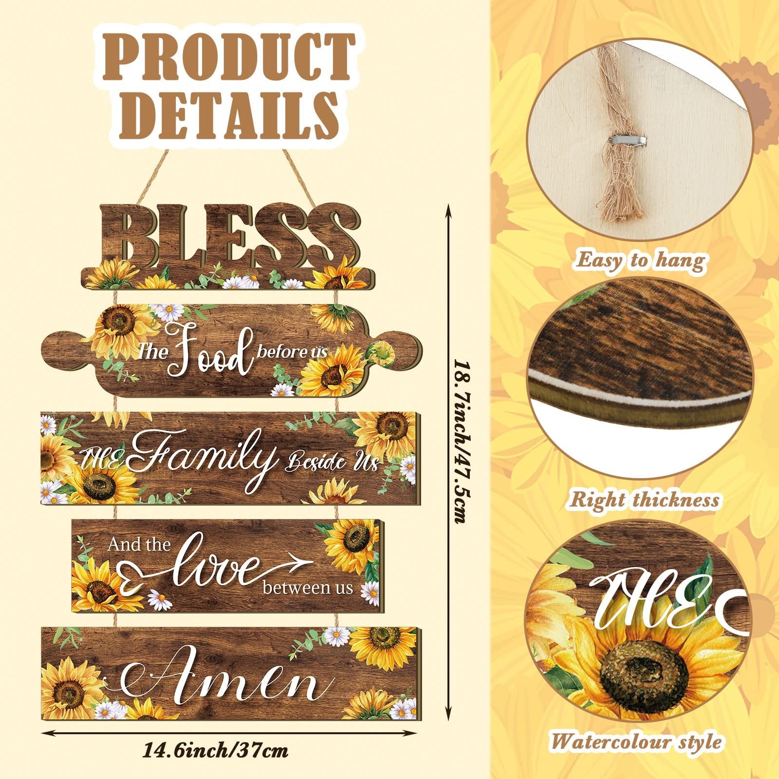 Wooden sunflower kitchen wall sign with text 'Bless The Food Before Us, The Family Beside Us, And The Love Between Us, Amen'.