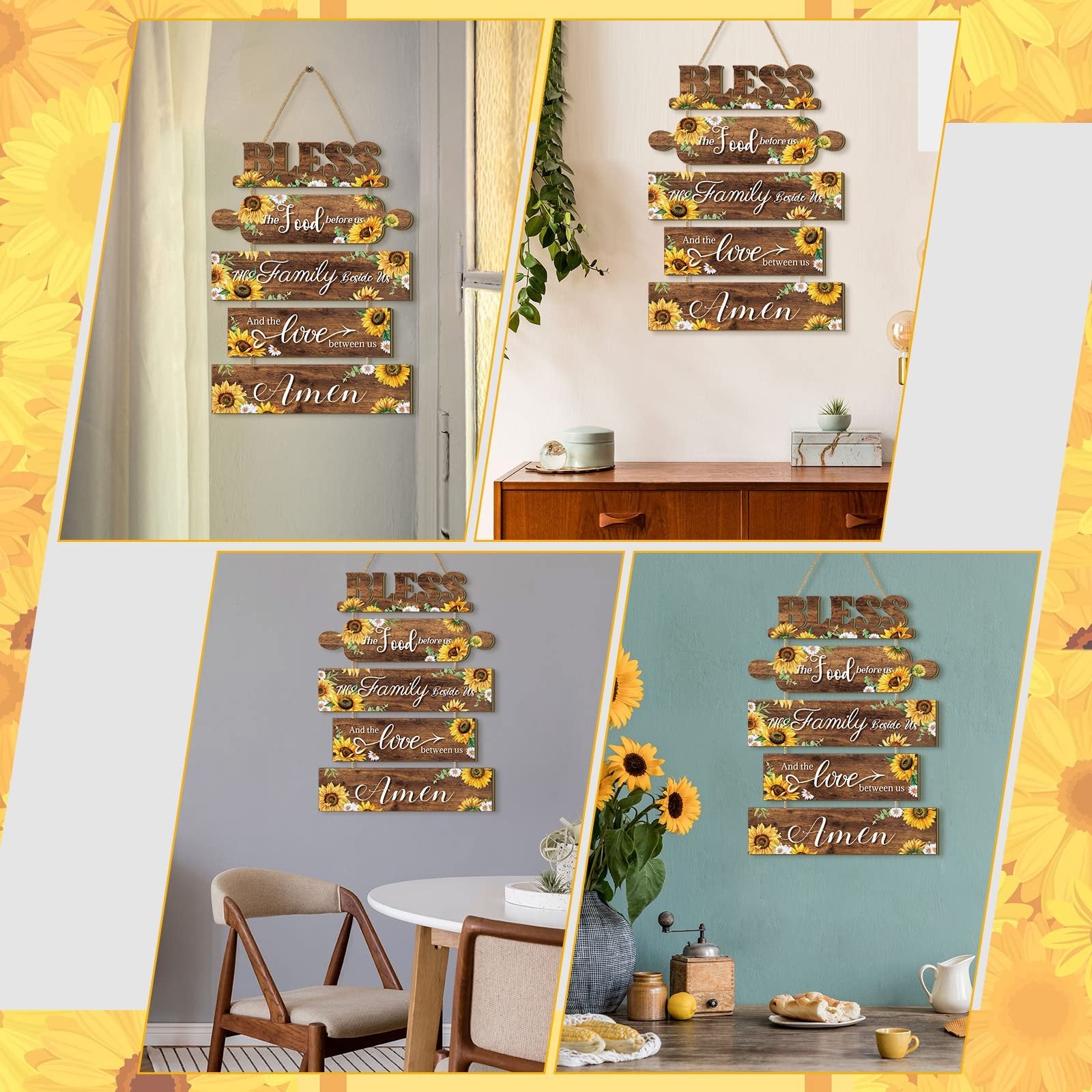 Collage of four images showing a wooden sunflower kitchen wall sign with text 'Bless the food before us, the family beside us, and the love between us, Amen'.