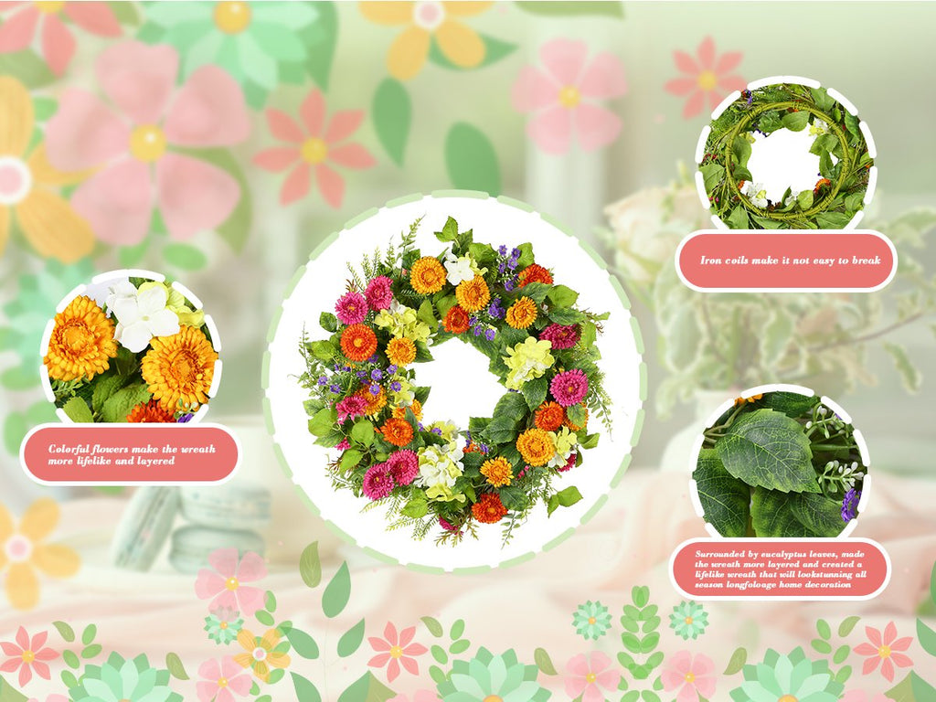 Artificial daisy wreath with colorful flowers and green leaves, shown with close-ups of flowers and foliage.