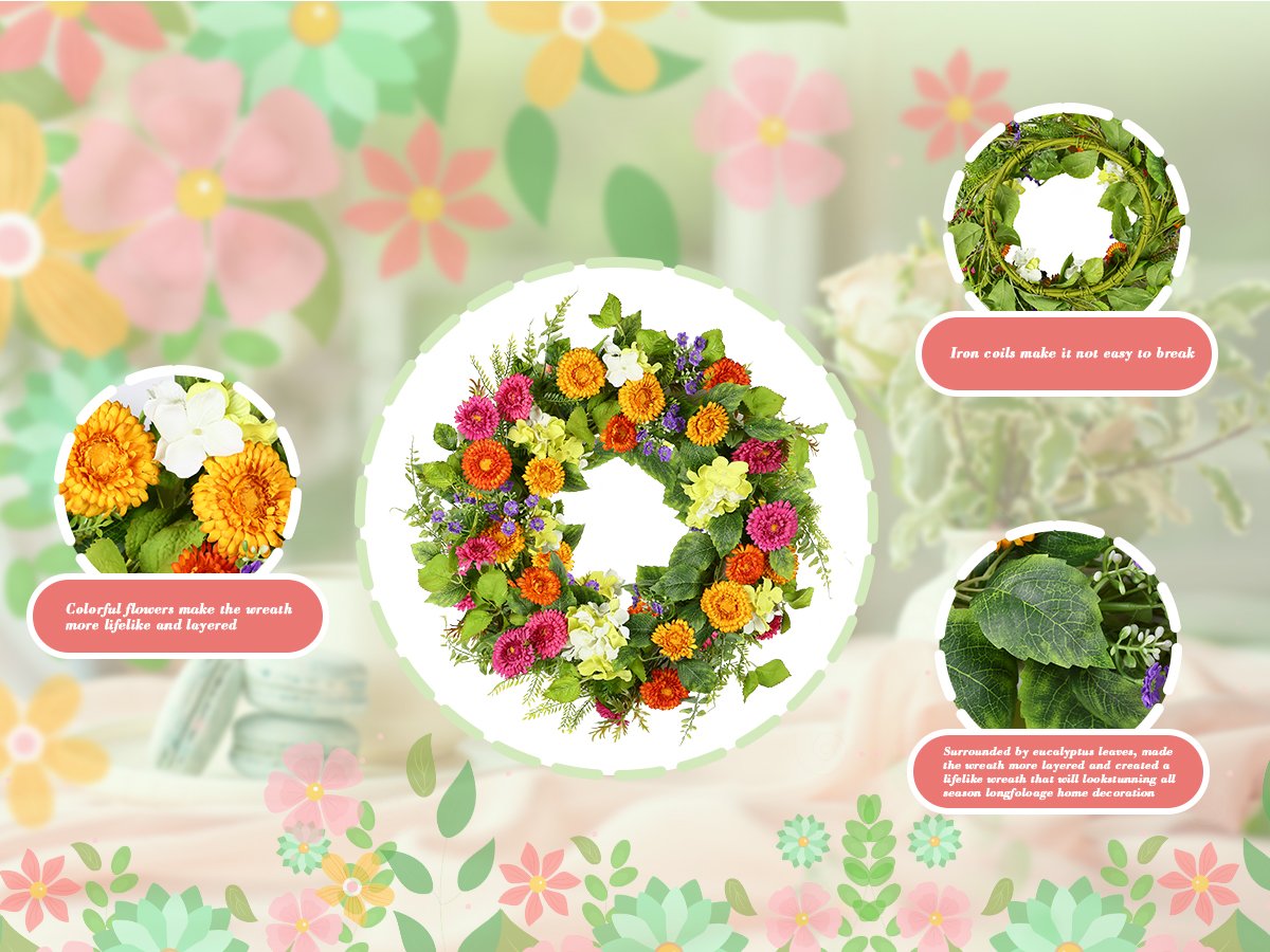 Artificial daisy wreath with colorful flowers and green leaves, shown with close-ups of flowers and foliage.