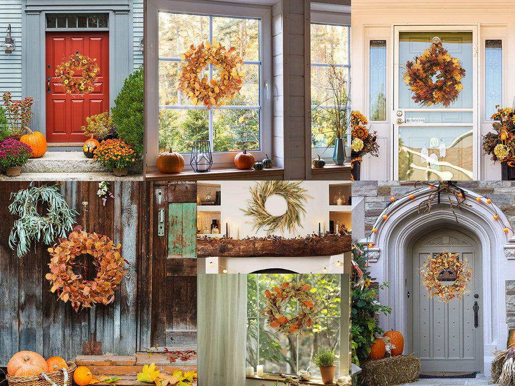 Collage of fall wreaths displayed on doors, windows, and walls with pumpkins and autumn decor.