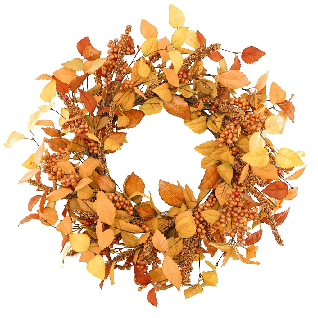 18 inch artificial fall wreath with eucalyptus leaves and orange berries on a white background