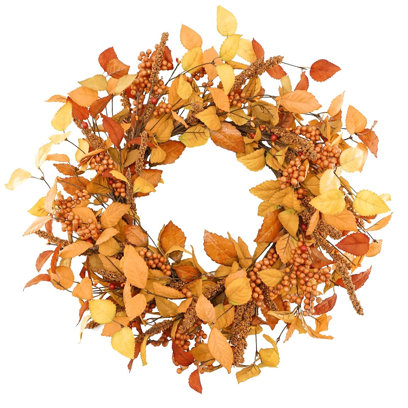 18 inch artificial fall wreath with eucalyptus leaves and orange berries on a white background