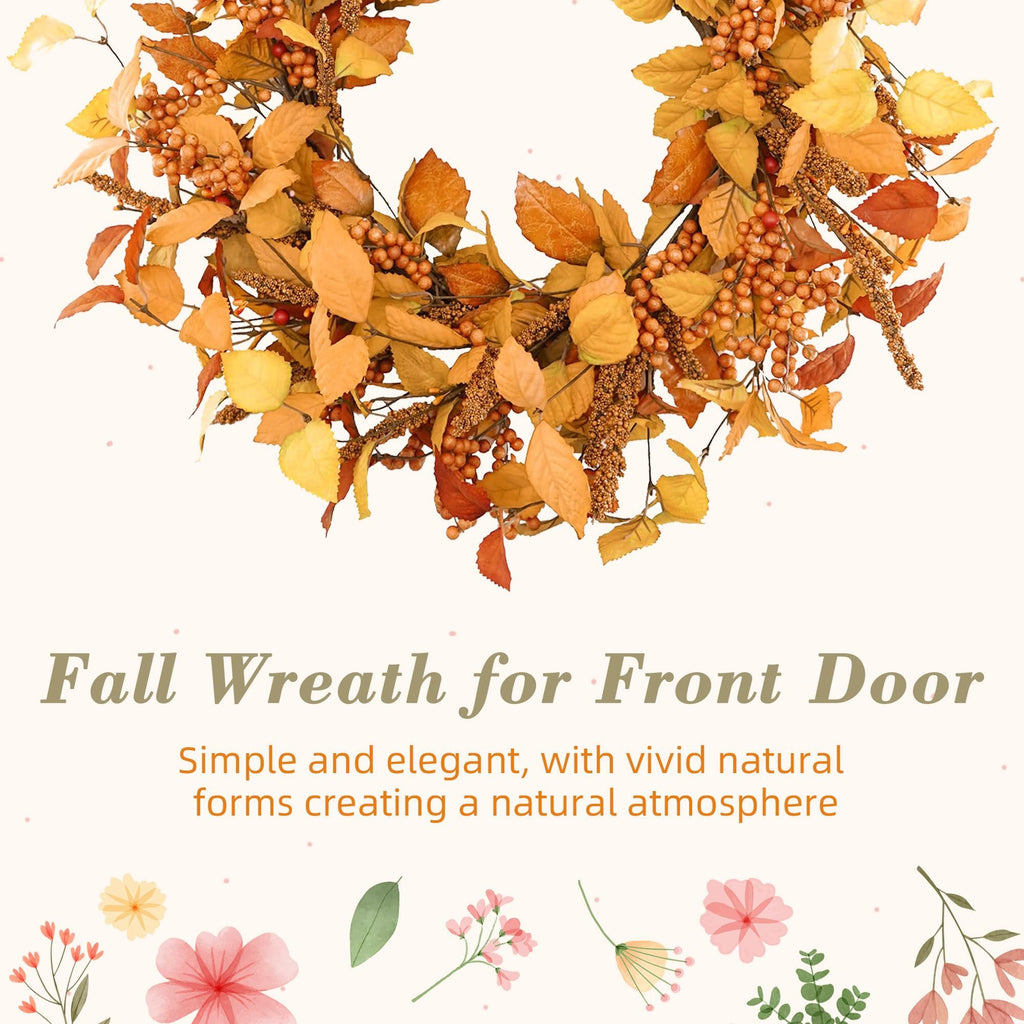 Close-up of an artificial fall wreath with orange and yellow leaves and berries, set against a cream background with floral accents.
