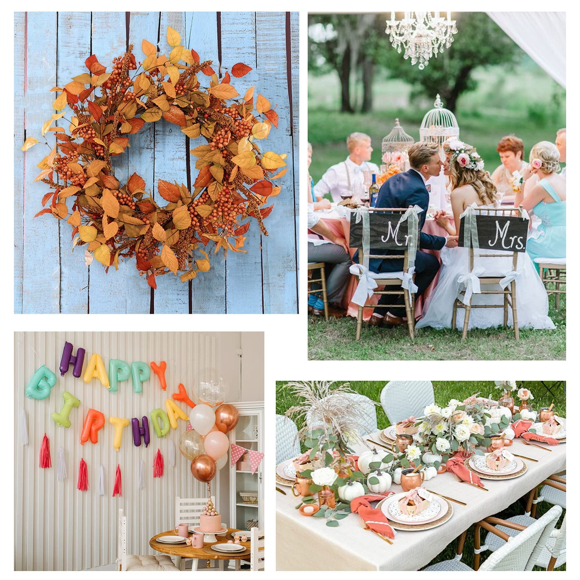Collage of four images: autumn wreath on blue wood, wedding couple kissing at table, birthday balloons and cake, and a decorated outdoor table setting.