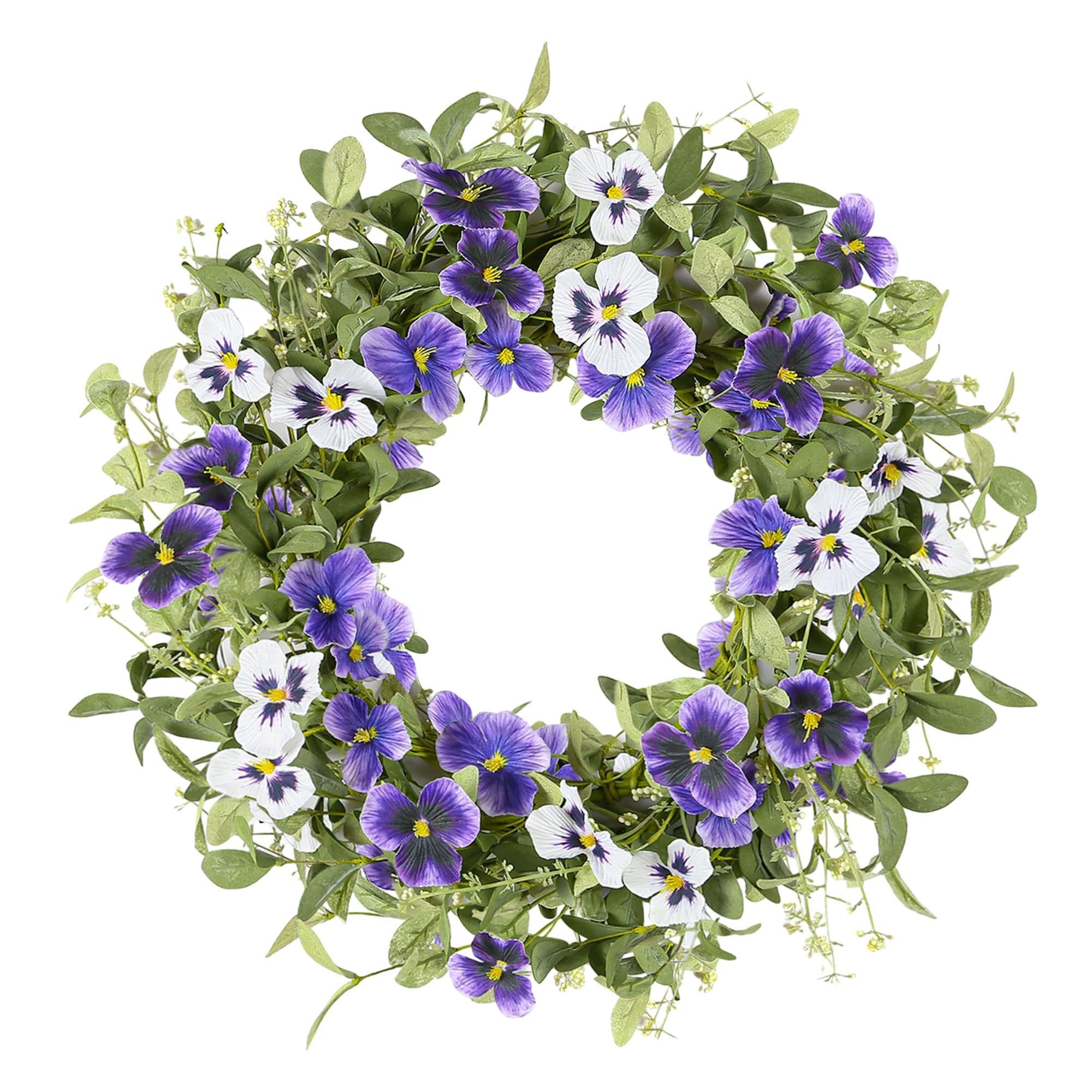 Artificial floral wreath with purple and white pansy flowers and green eucalyptus leaves, displayed against a white background.