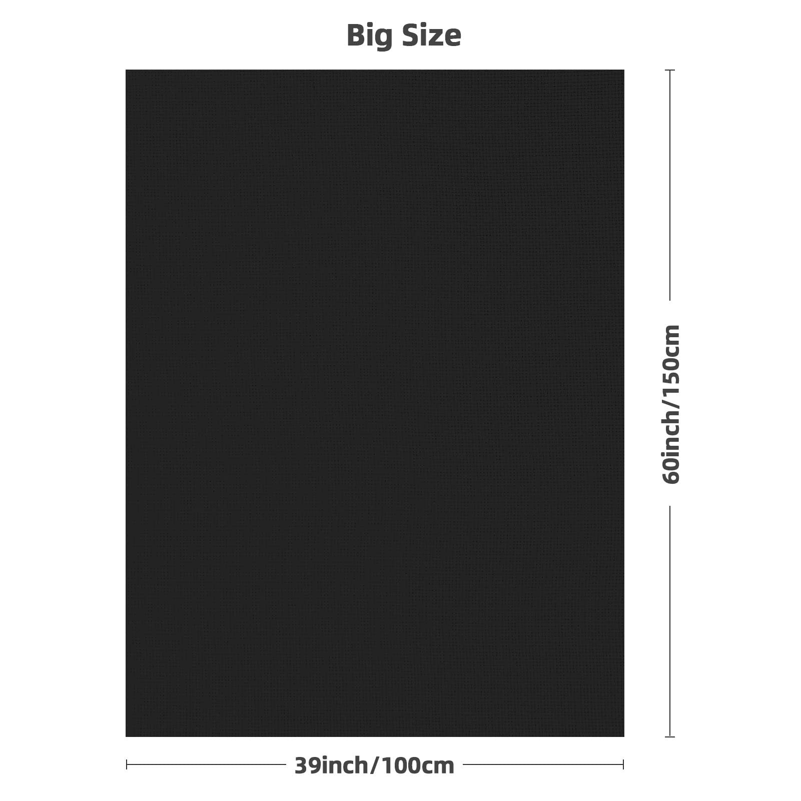 Black Aida cloth cross stitch fabric shown flat with dimensions labeled