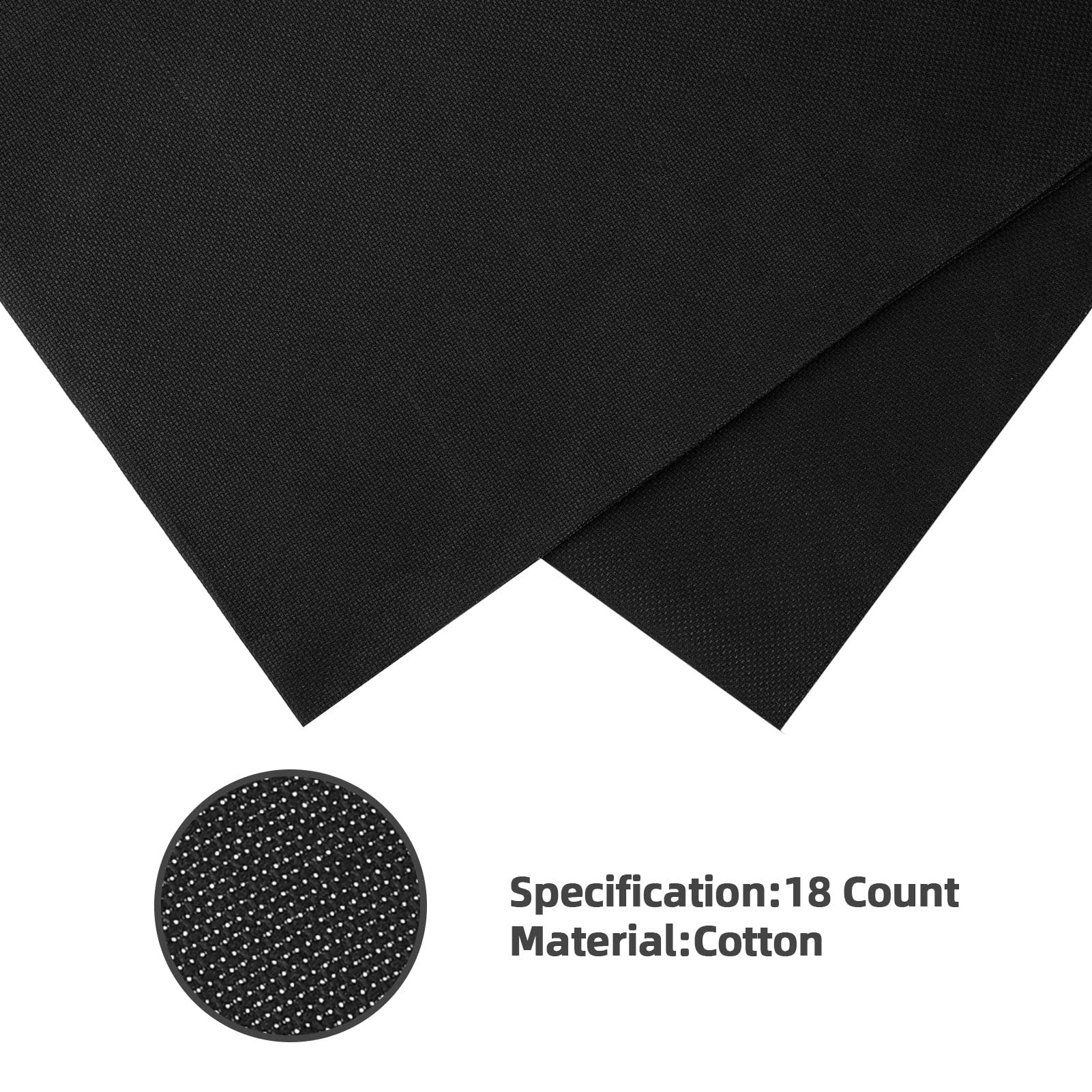 Black Aida cloth cross stitch fabric with a magnified view showing the weave and text specifying 18 count and cotton material.