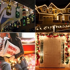 Collage of four images showing warm white LED string lights used for decoration indoors and outdoors.