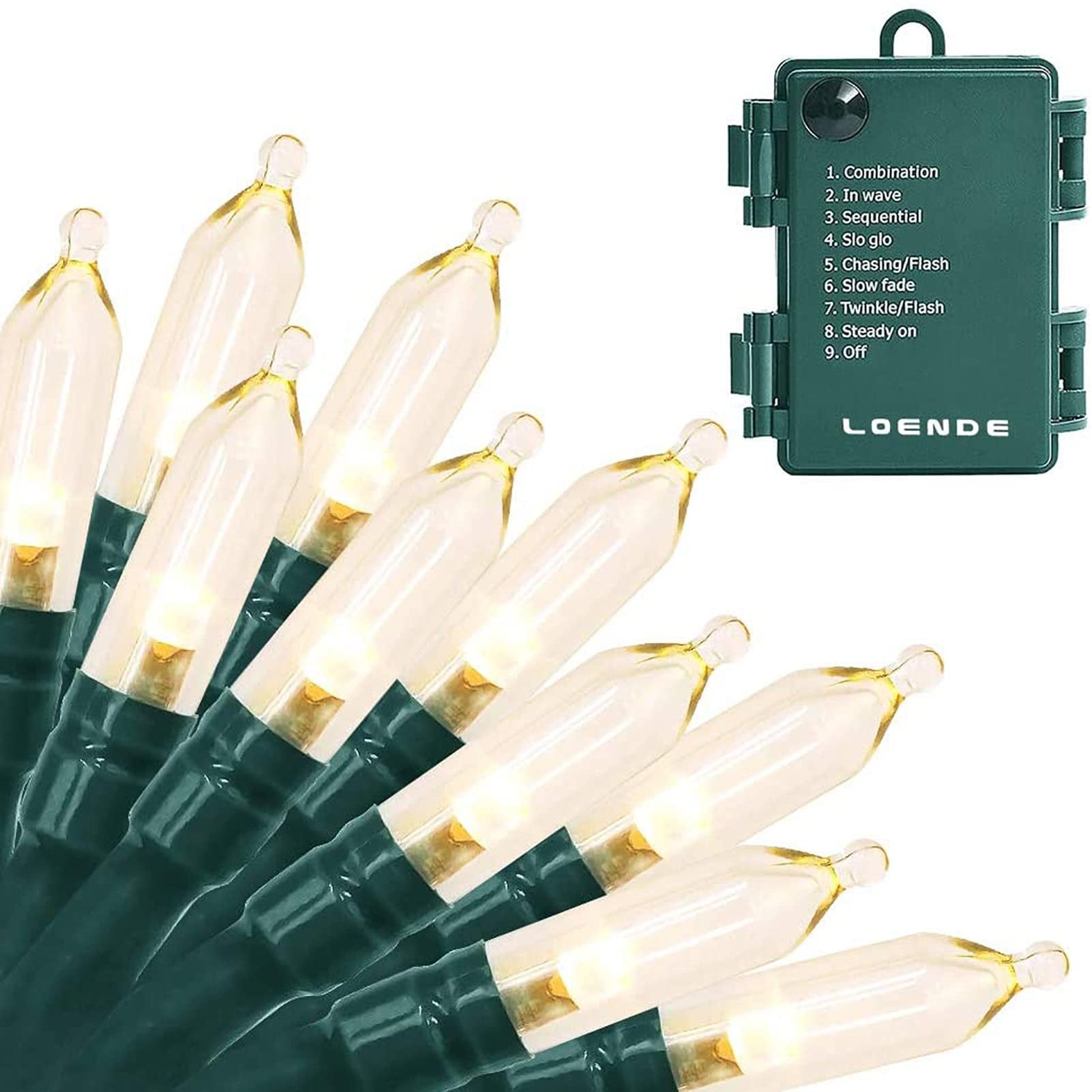 Close-up of warm white LED string lights with a green wire and a battery pack showing 8 modes and brand.
