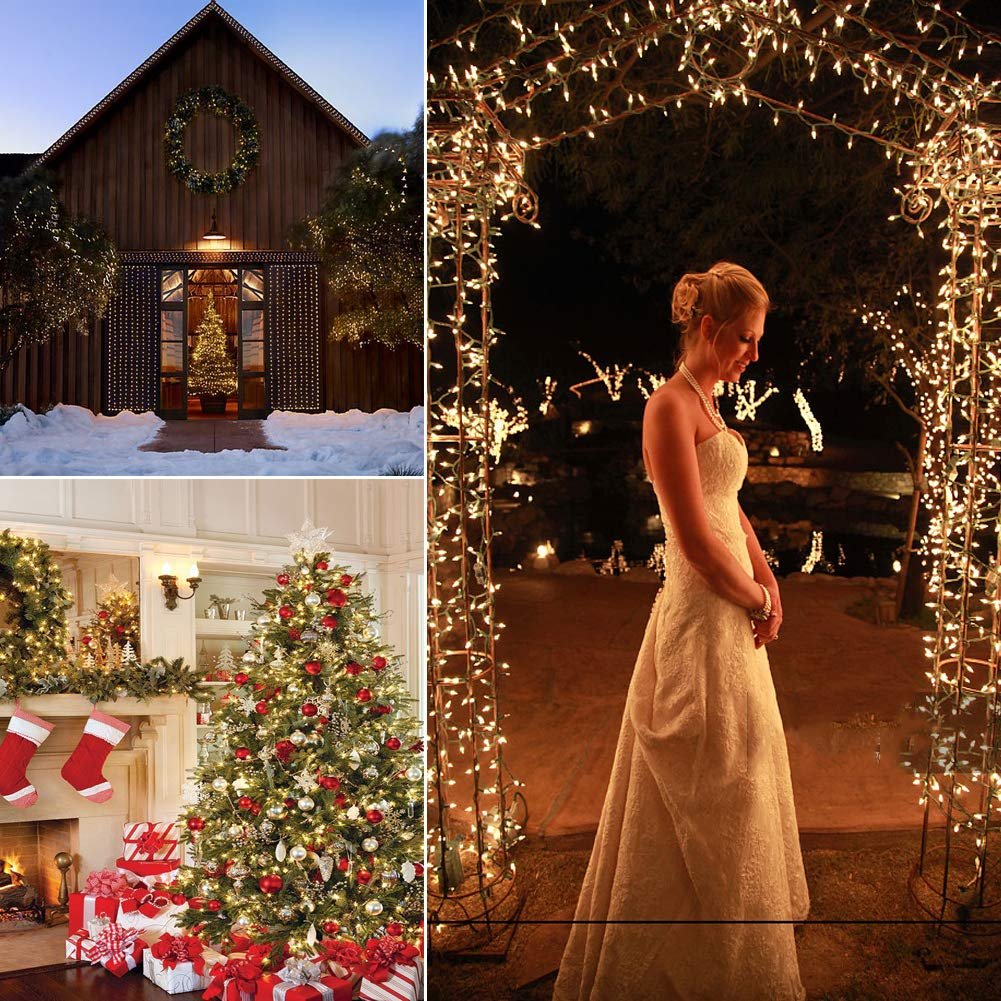 Collage of three scenes: a barn decorated with lights and a wreath, a decorated Christmas tree by a fireplace, and a bride standing under a lighted archway.