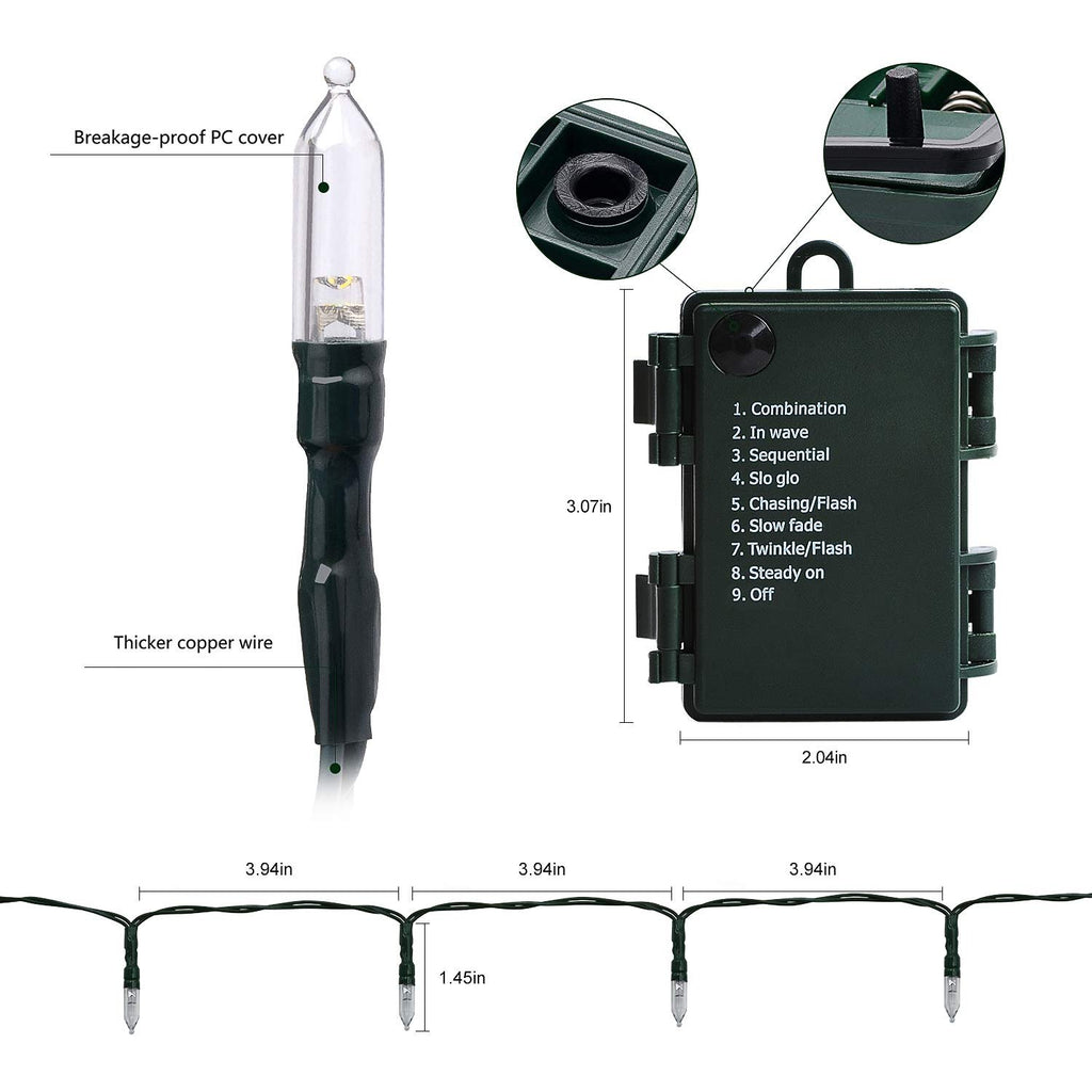 Battery operated string lights with close-ups of bulb, wire, and control box showing dimensions and modes.