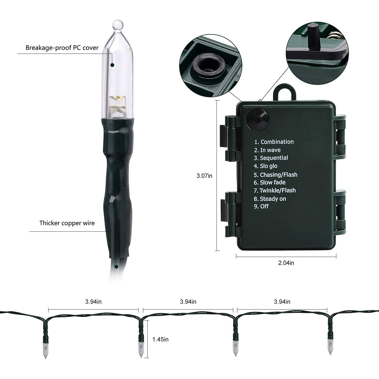 Battery operated string lights with close-ups of bulb, wire, and control box showing dimensions and modes.
