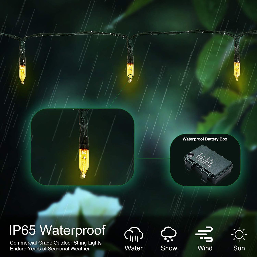Warm white LED string lights with waterproof battery box, showing resistance to water, snow, wind, and sun.