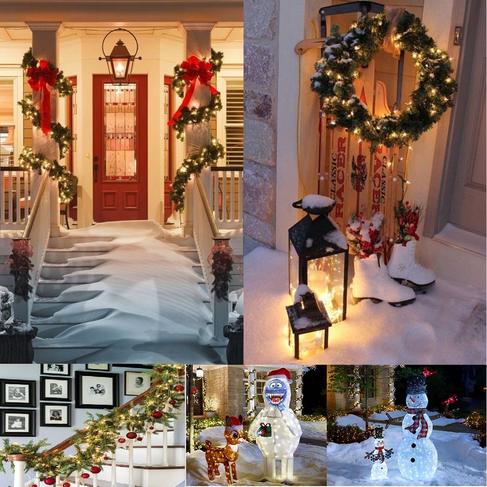 Collage of five festive Christmas outdoor decorations including a snow-covered porch, a sled with a wreath, a staircase with garland, and illuminated snowman and reindeer figures.