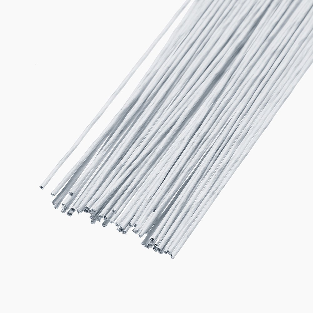 Bundle of 18 gauge white floral stem wires, 16 inches long, viewed from a close-up angle showing the ends of the wires.