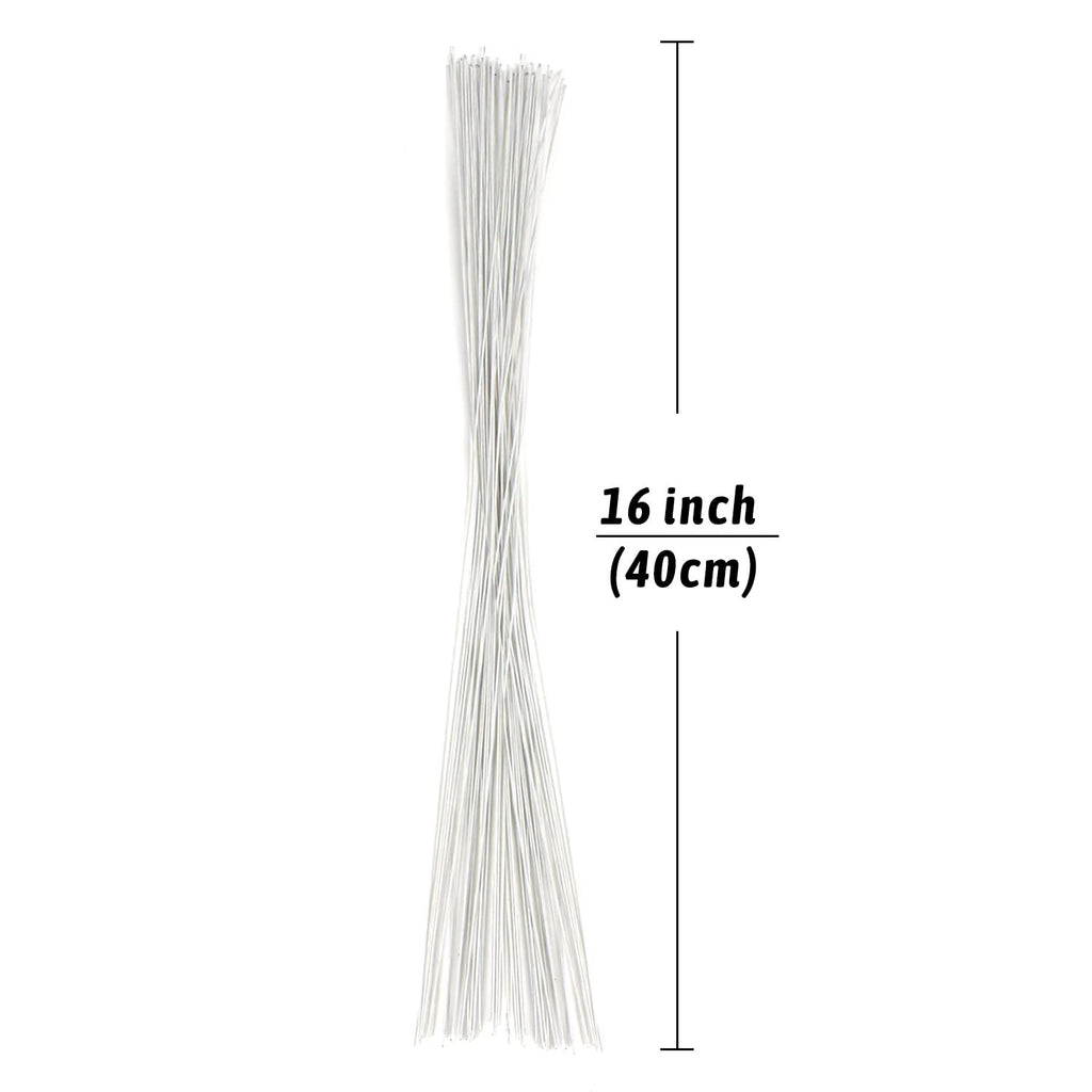 Bundle of 18 gauge white floral stem wires, 16 inches long, shown against a white background with a measurement graphic.