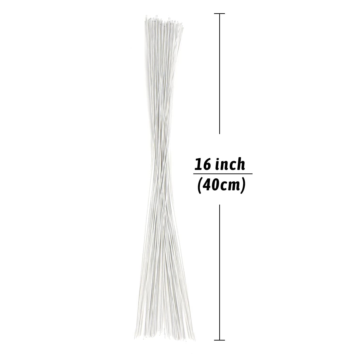 Bundle of 18 gauge white floral stem wires, 16 inches long, shown against a white background with a measurement graphic.