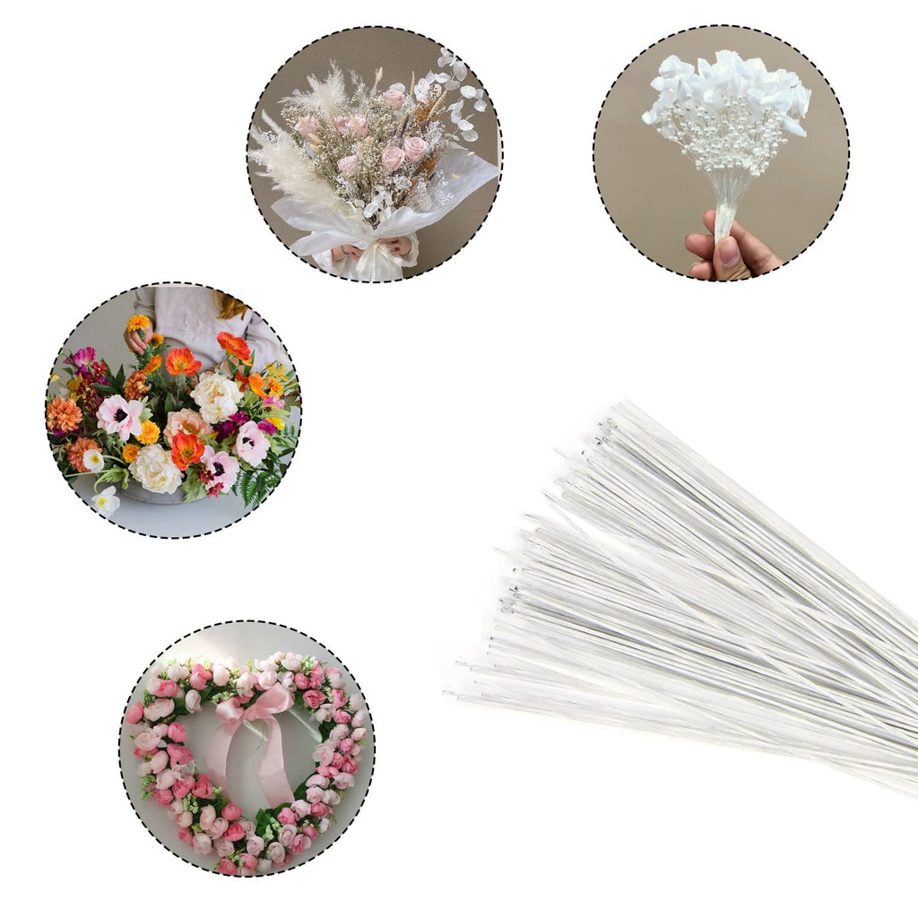 Bundle of 18 gauge white floral stem wires, 16 inches long, shown with circular lifestyle images of floral arrangements and a heart wreath.