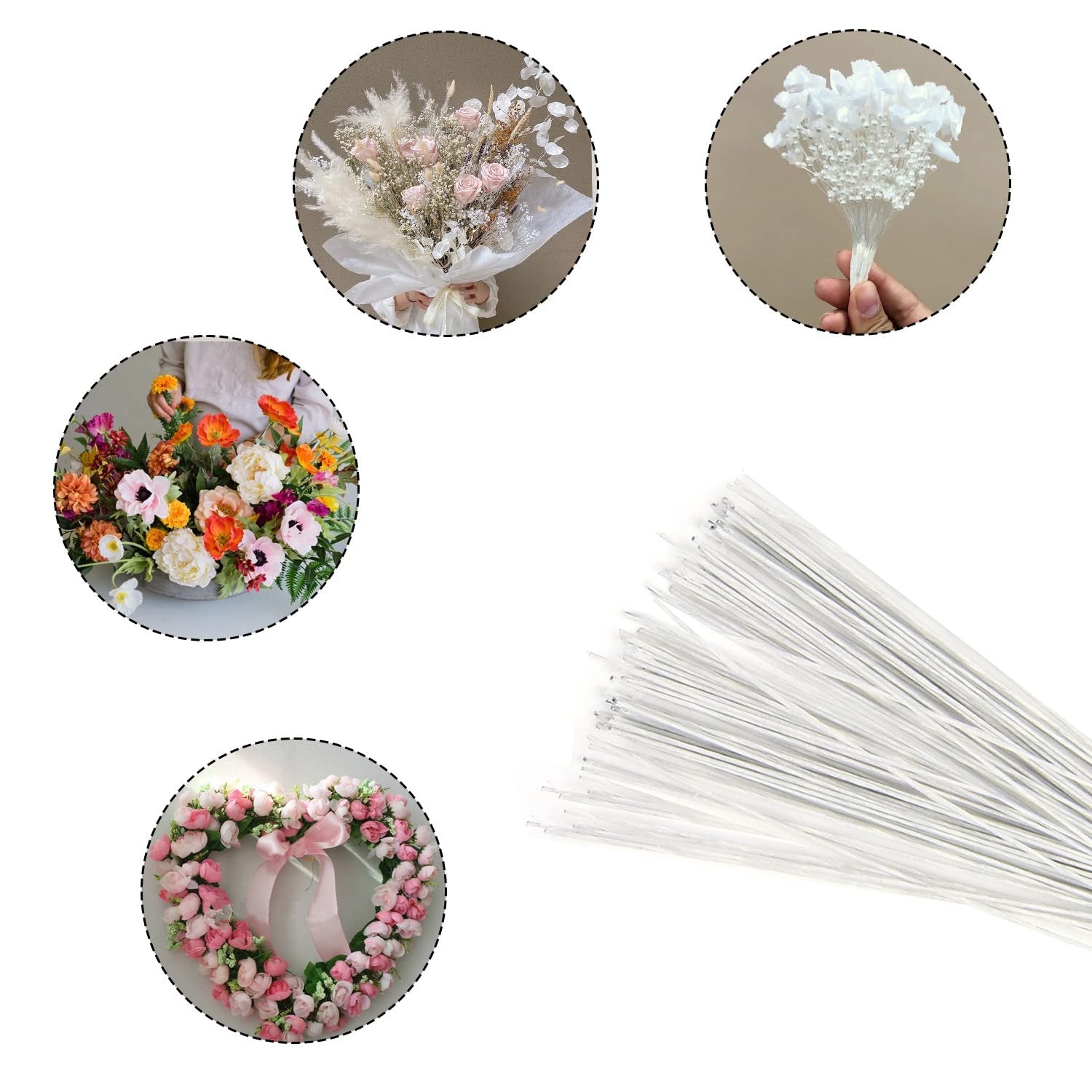 Bundle of 18 gauge white floral stem wires, 16 inches long, shown with circular lifestyle images of floral arrangements and a heart wreath.