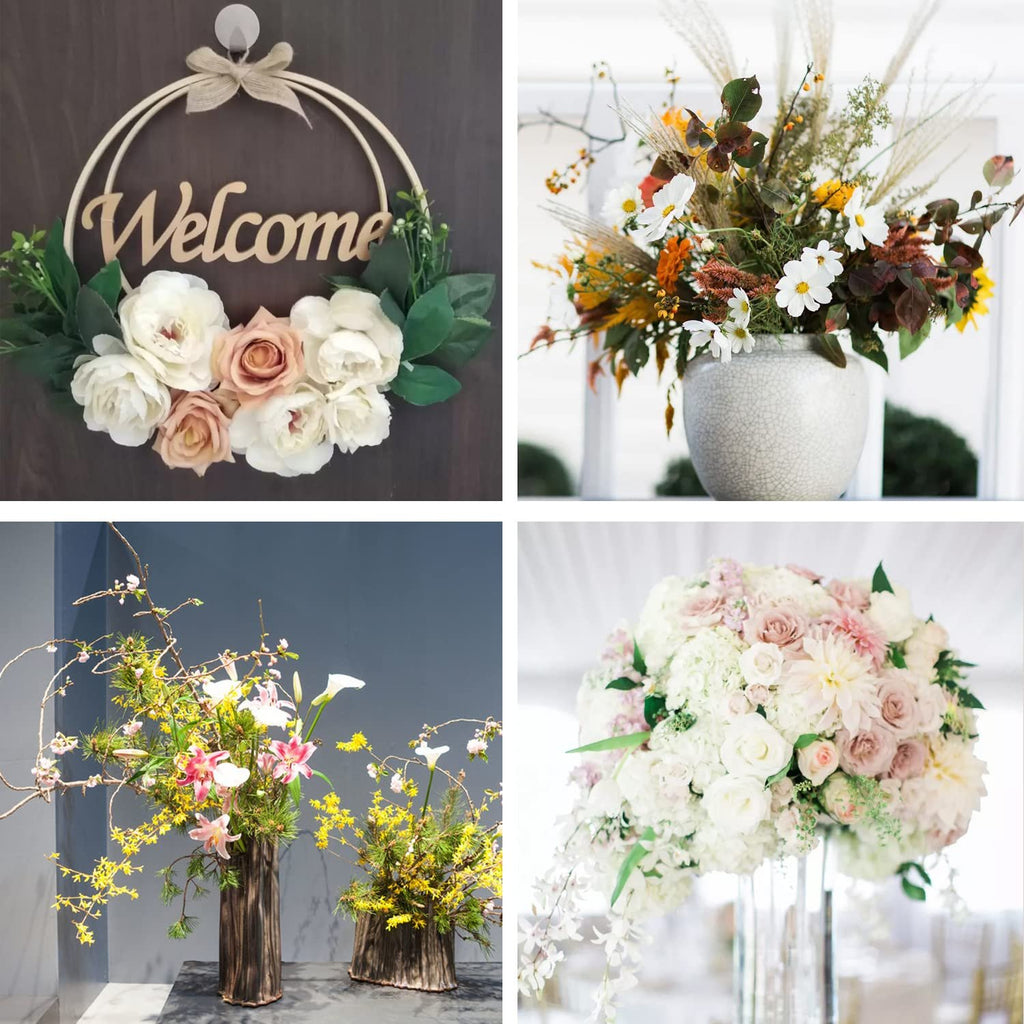 Floral arrangement wreath with 'Welcome' text and faux flowers hanging on a door