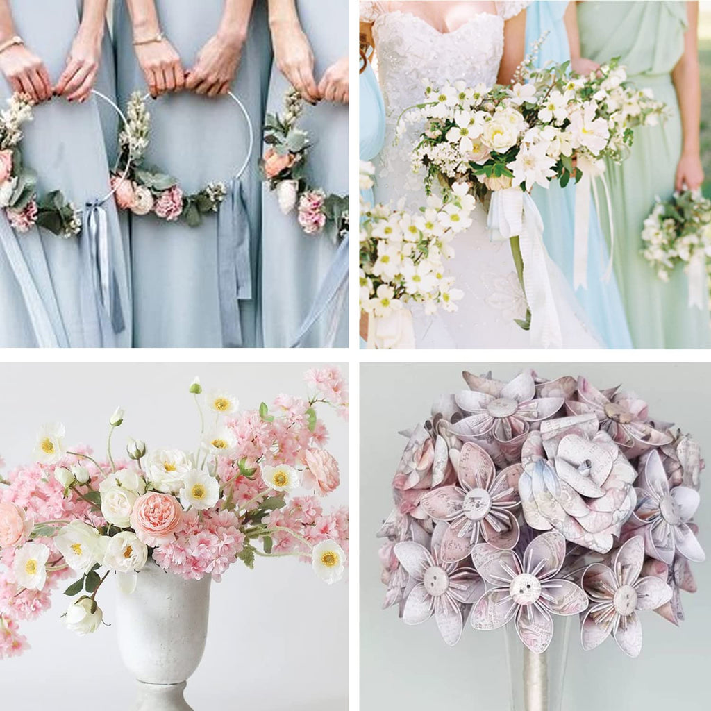 Bridal party holding floral wreaths and bouquets, bride holding bouquet, floral arrangement in vase, and paper flower bouquet