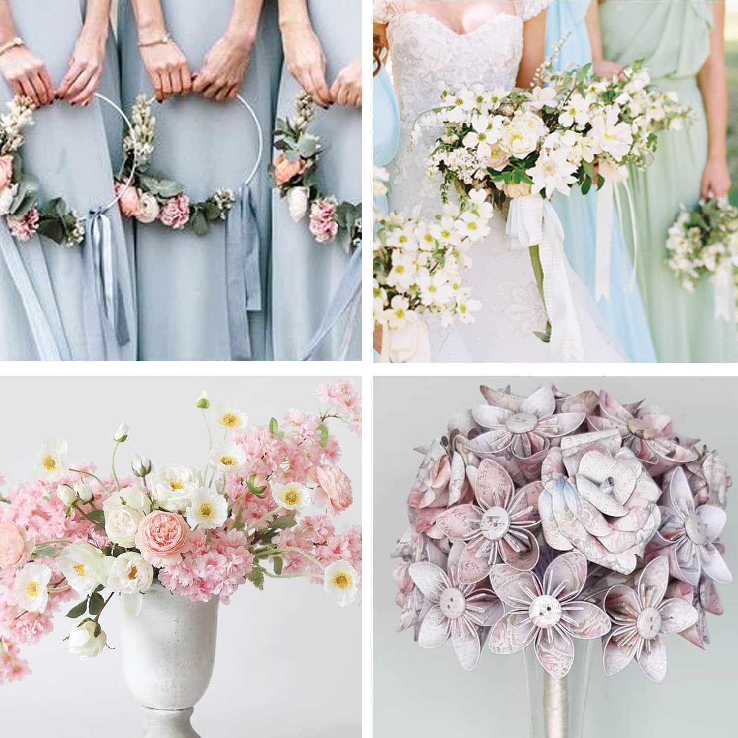Bridal party holding floral wreaths and bouquets, bride holding bouquet, floral arrangement in vase, and paper flower bouquet