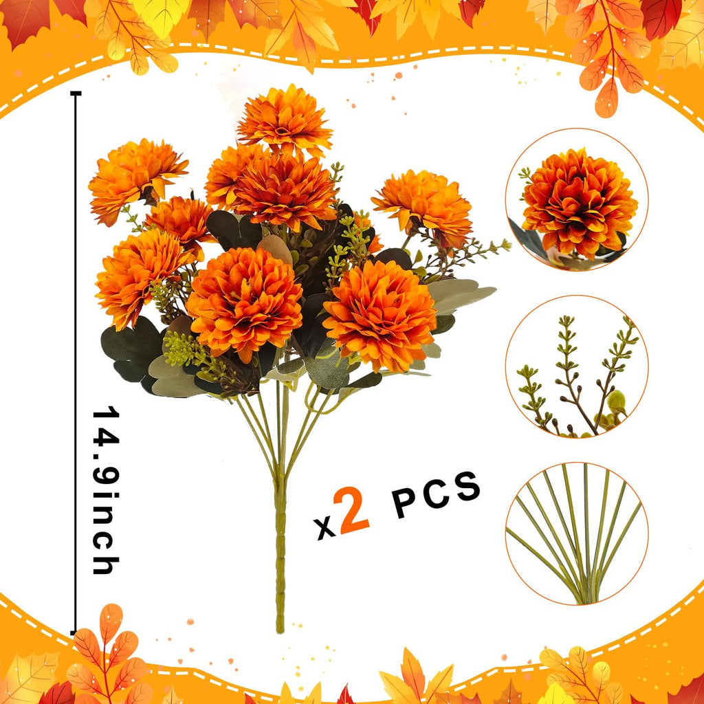 Artificial orange mum fall bouquet with wheat grass, 14.9 inches tall, set of 2