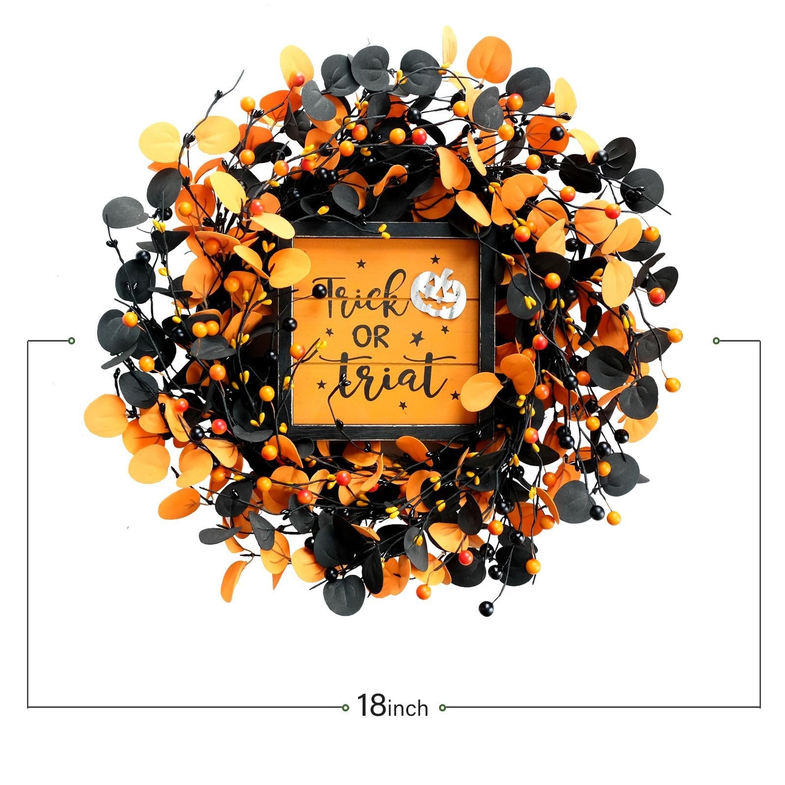 Halloween wreath with orange and black eucalyptus leaves and berries, featuring a central sign that says "Trick OR Treat" with a pumpkin graphic.