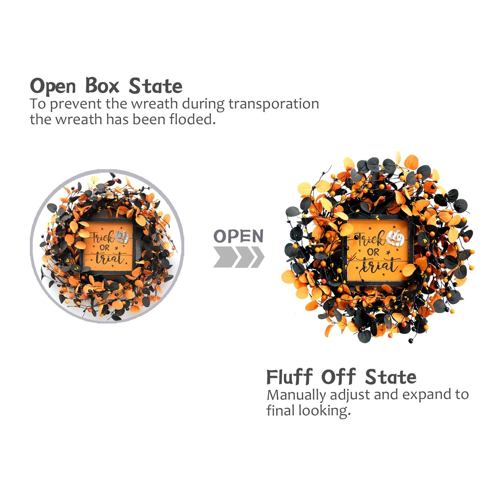 Halloween wreath shown in two states: compressed for shipping and fluffed for display.