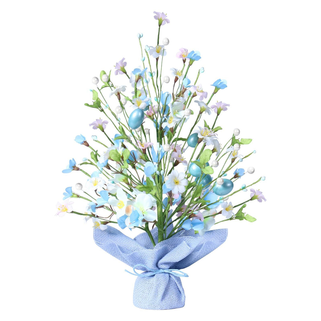 Artificial Easter egg tree tabletop decoration with blue eggs, white and blue flowers, and green leaves, tied with a blue burlap base.