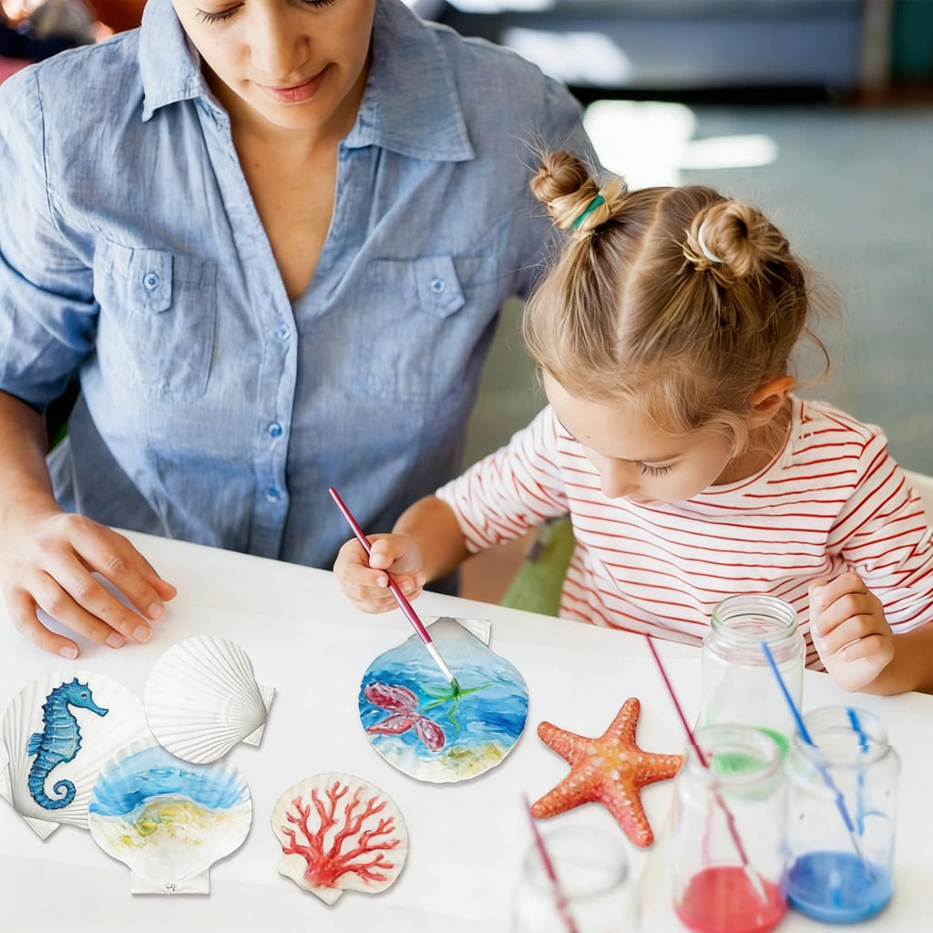 Woman and child painting scallop shells with ocean-themed designs, including a seahorse and starfish.