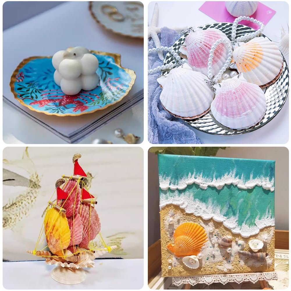 Collage of four images showing various seashell crafts and decor items.