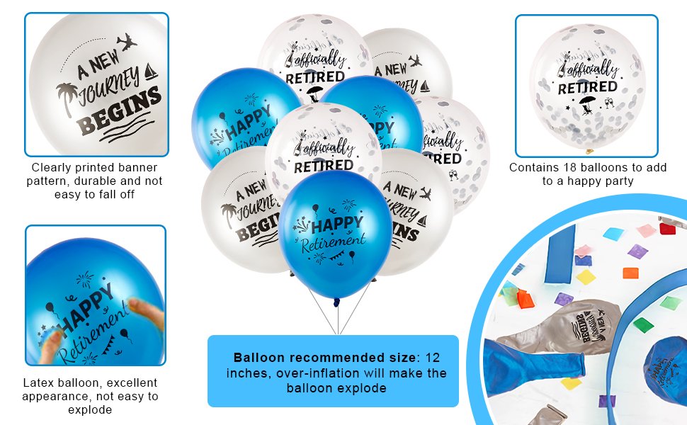 Collection of blue and white retirement balloons with various patterns and text, some with confetti.