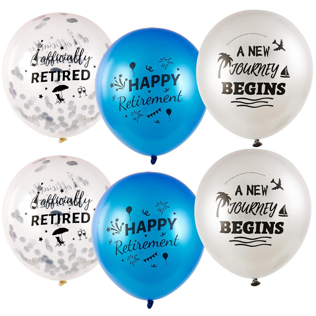 Six retirement-themed balloons: two clear with confetti, two blue with 'Happy Retirement', and two white with 'A New Journey Begins'.