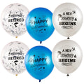 Six retirement-themed balloons: two clear with confetti, two blue with 'Happy Retirement', and two white with 'A New Journey Begins'.
