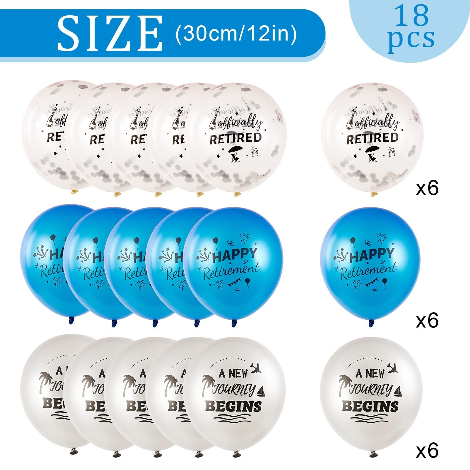 Collection of 18 retirement-themed balloons in blue and white, featuring text and graphics.