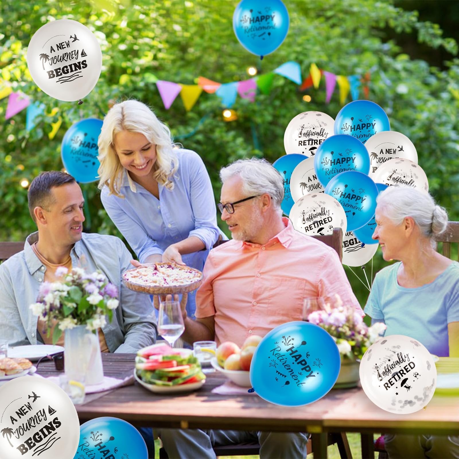 Group of people celebrating retirement outdoors with blue and white balloons