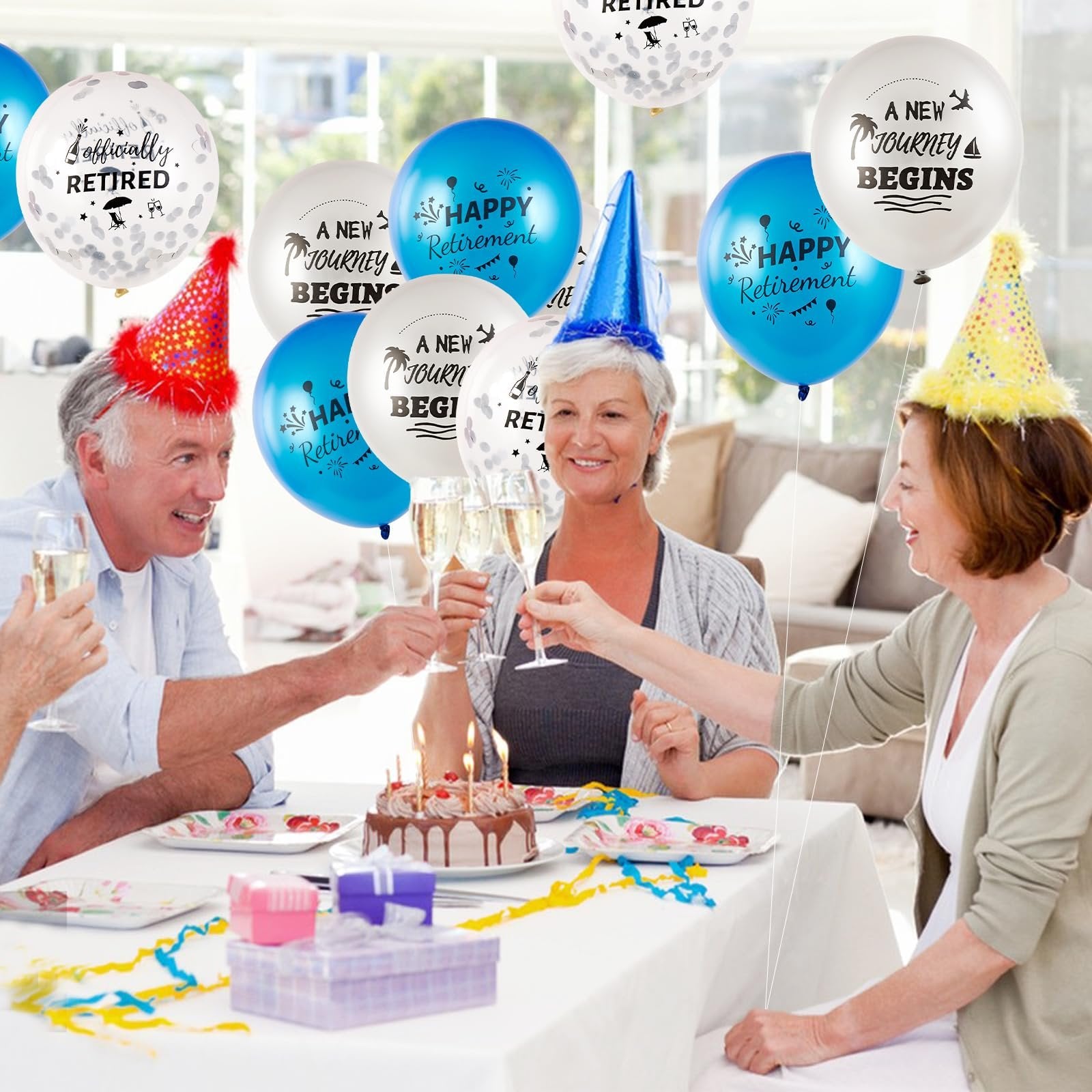 Retirement party scene with people toasting with champagne and a cake, surrounded by blue and white balloons with retirement-themed text and graphics.