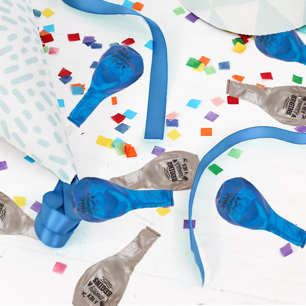Blue and silver balloons with retirement messages scattered with confetti and ribbons.