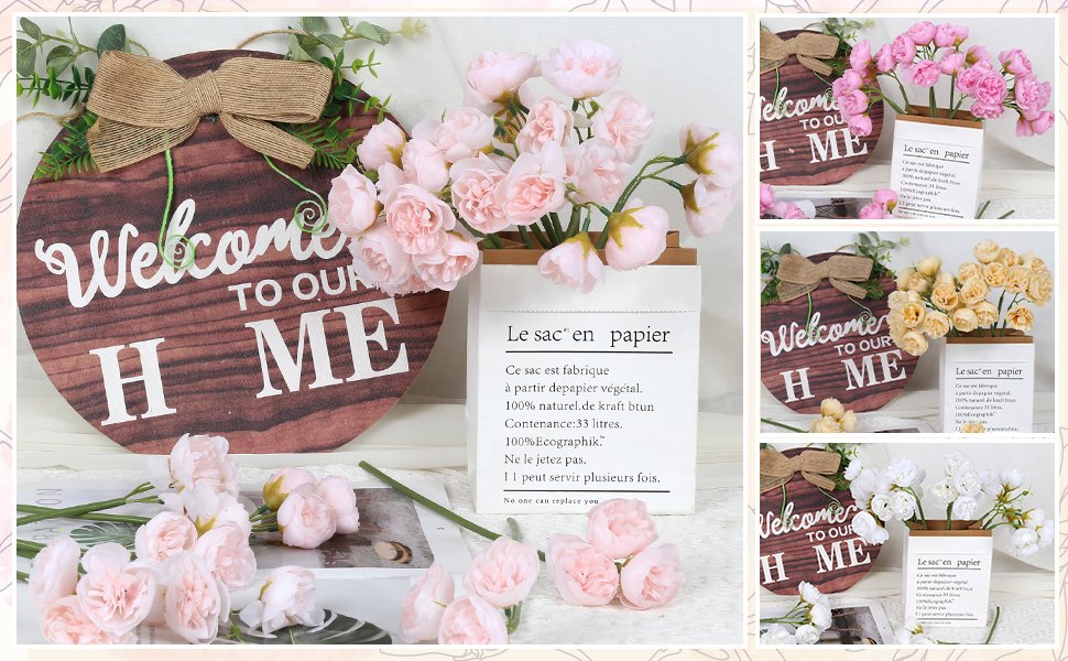 Collage of artificial peonies in various colors displayed with decorative signs and paper vases.