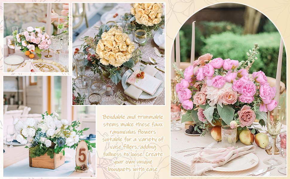 Collage of artificial peony and ranunculus flower arrangements on tablescapes, including pink, champagne, and white floral displays.