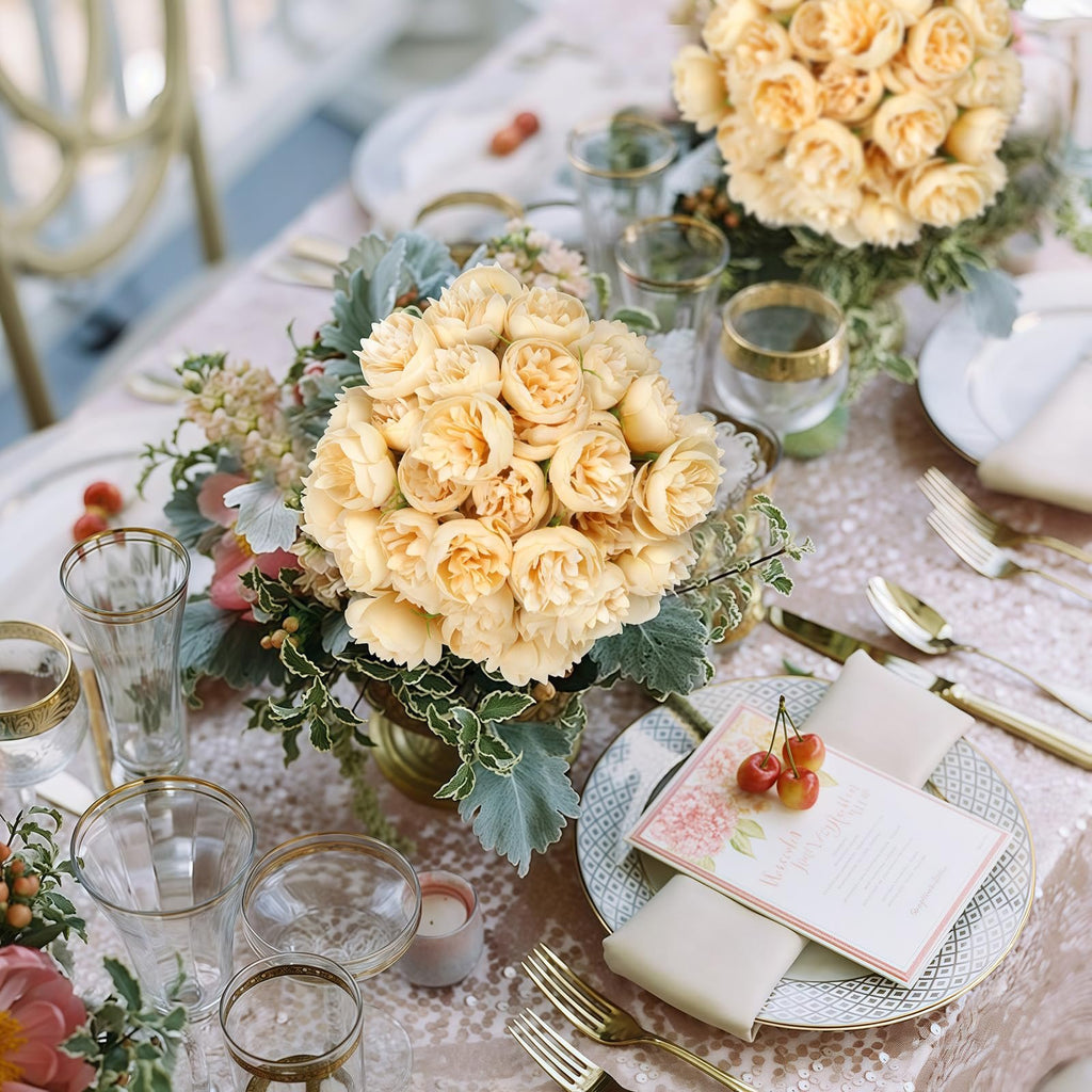 Champagne artificial peonies and ranunculus flowers arranged in a vase on a table setting with gold cutlery and glasses.