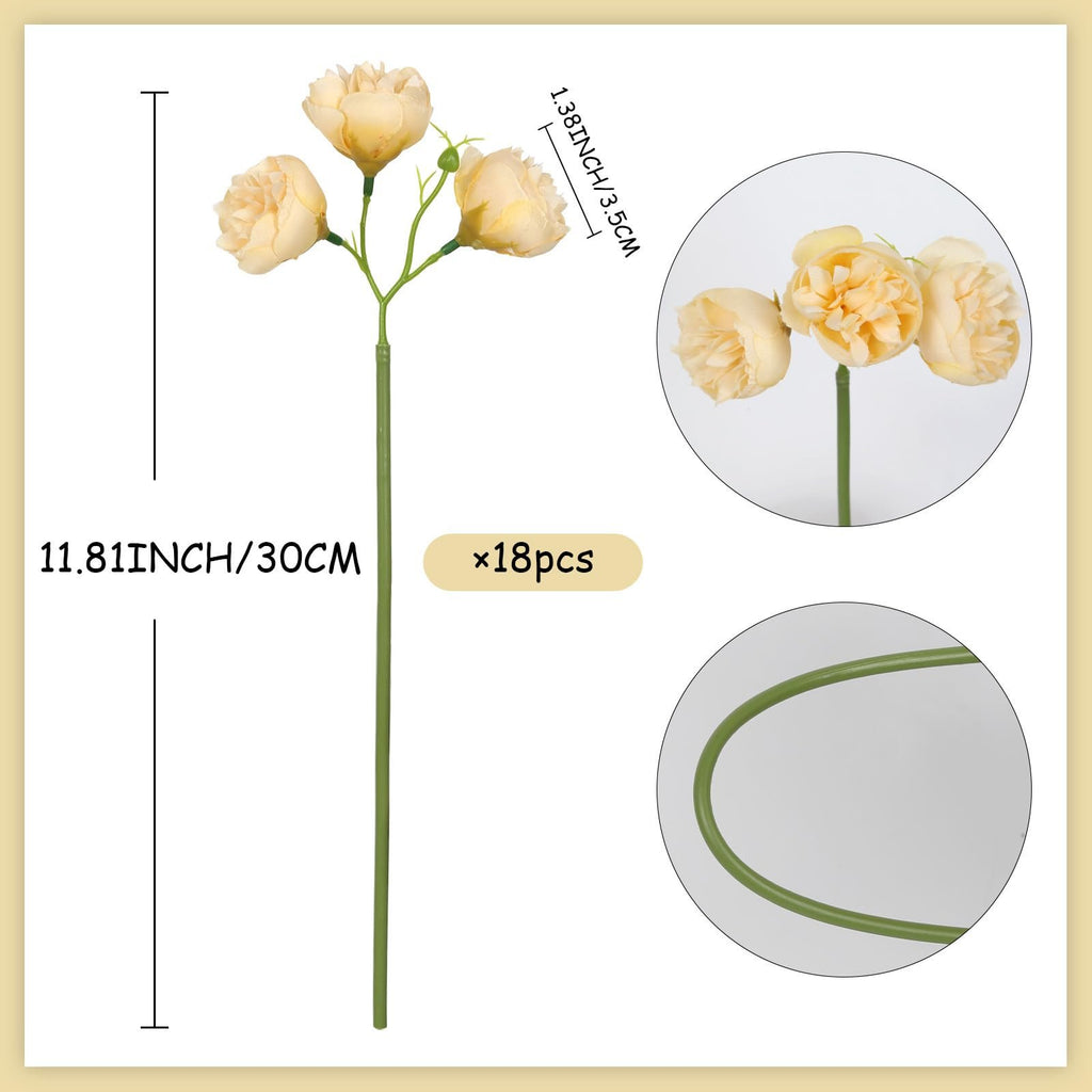 Champagne artificial peony flower stem with three blooms and a bud, showing dimensions and quantity.