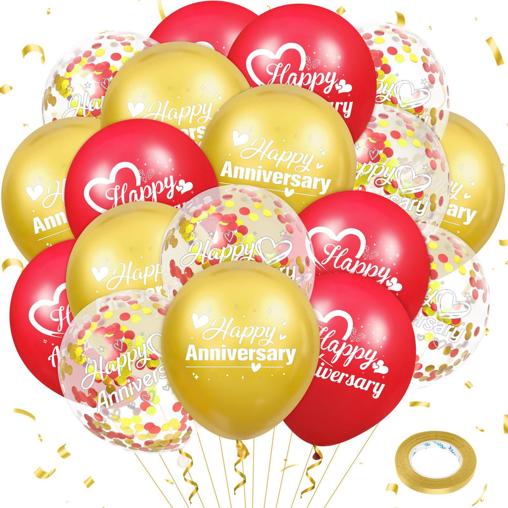 Anniversary balloons in red, gold, and clear confetti, with gold ribbon and confetti scattered.