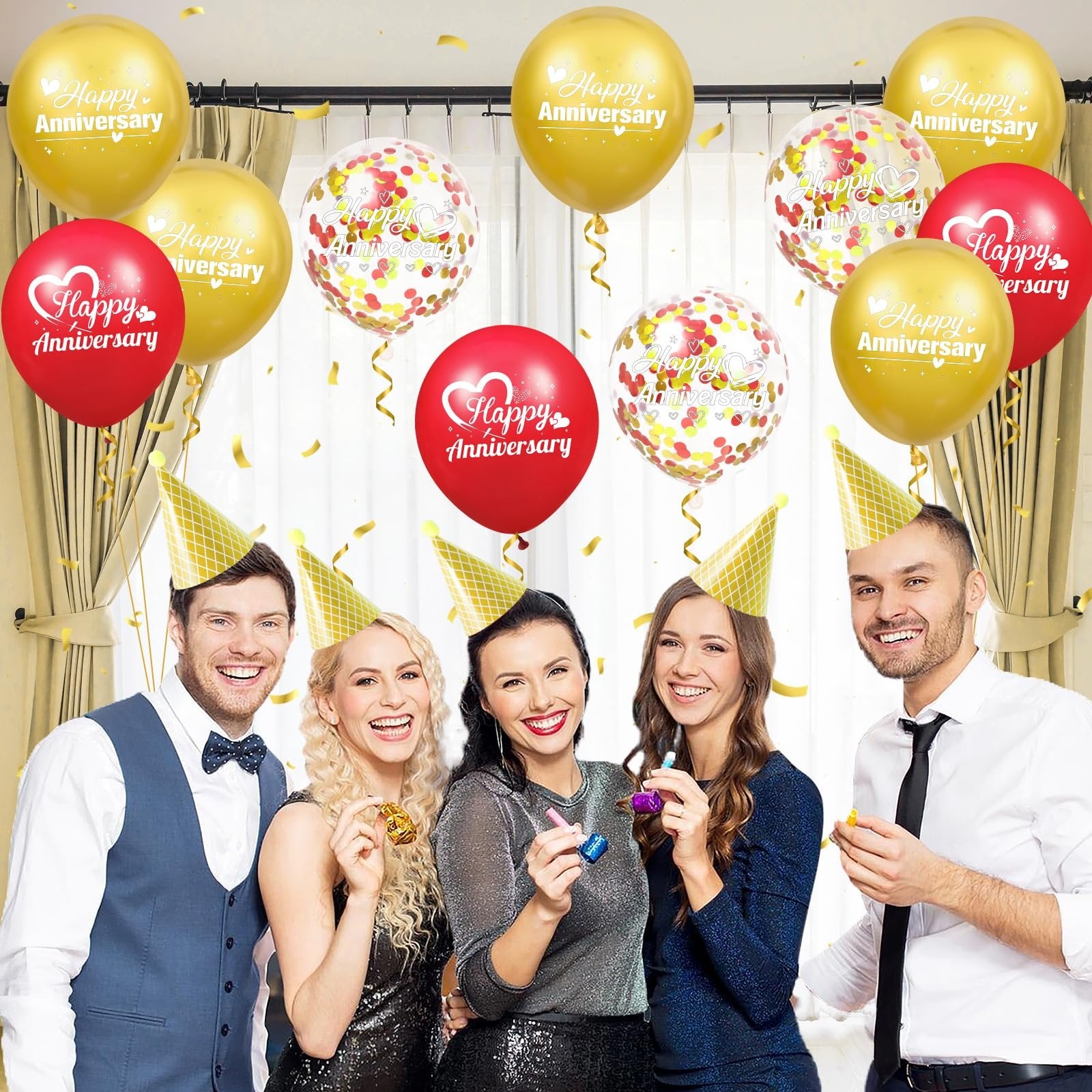 Group of five people celebrating an anniversary with gold, red, and confetti balloons and party hats.