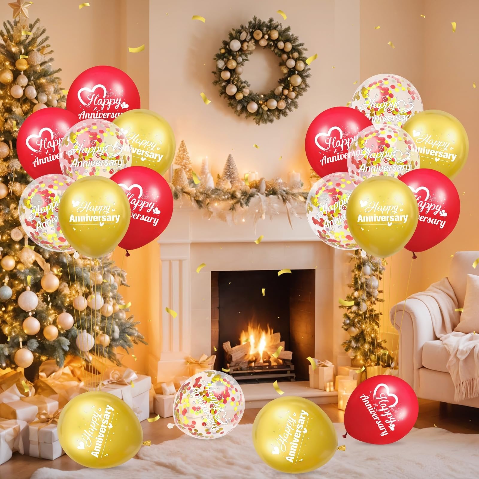 Anniversary balloons in red, gold, and confetti scattered around a fireplace and Christmas tree.