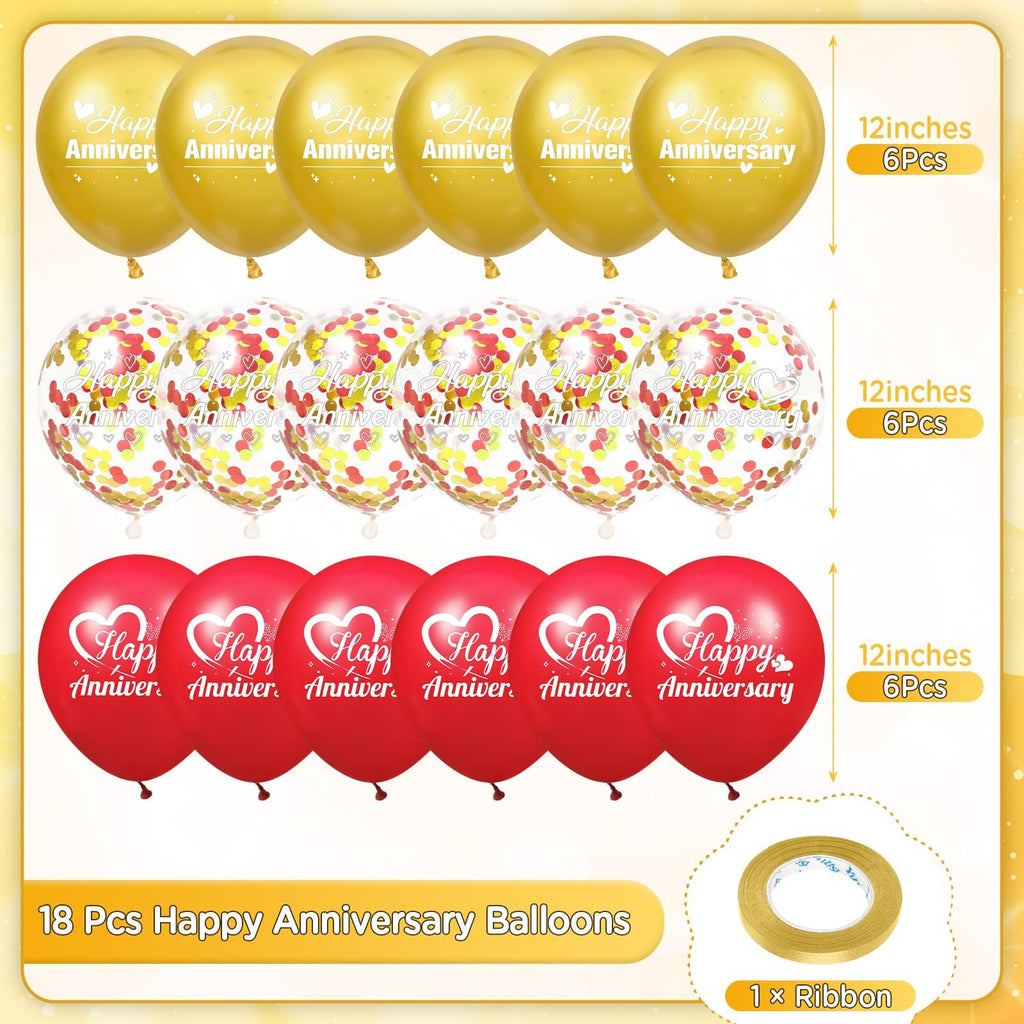 Set of 18 anniversary balloons in gold, confetti, and red, with gold ribbon.