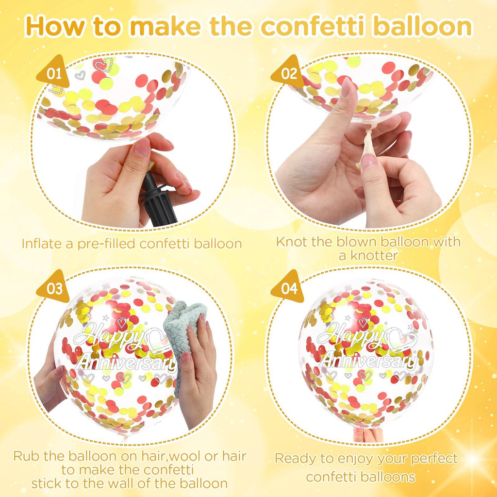 Four-step guide showing how to inflate and prepare confetti balloons for an anniversary celebration.