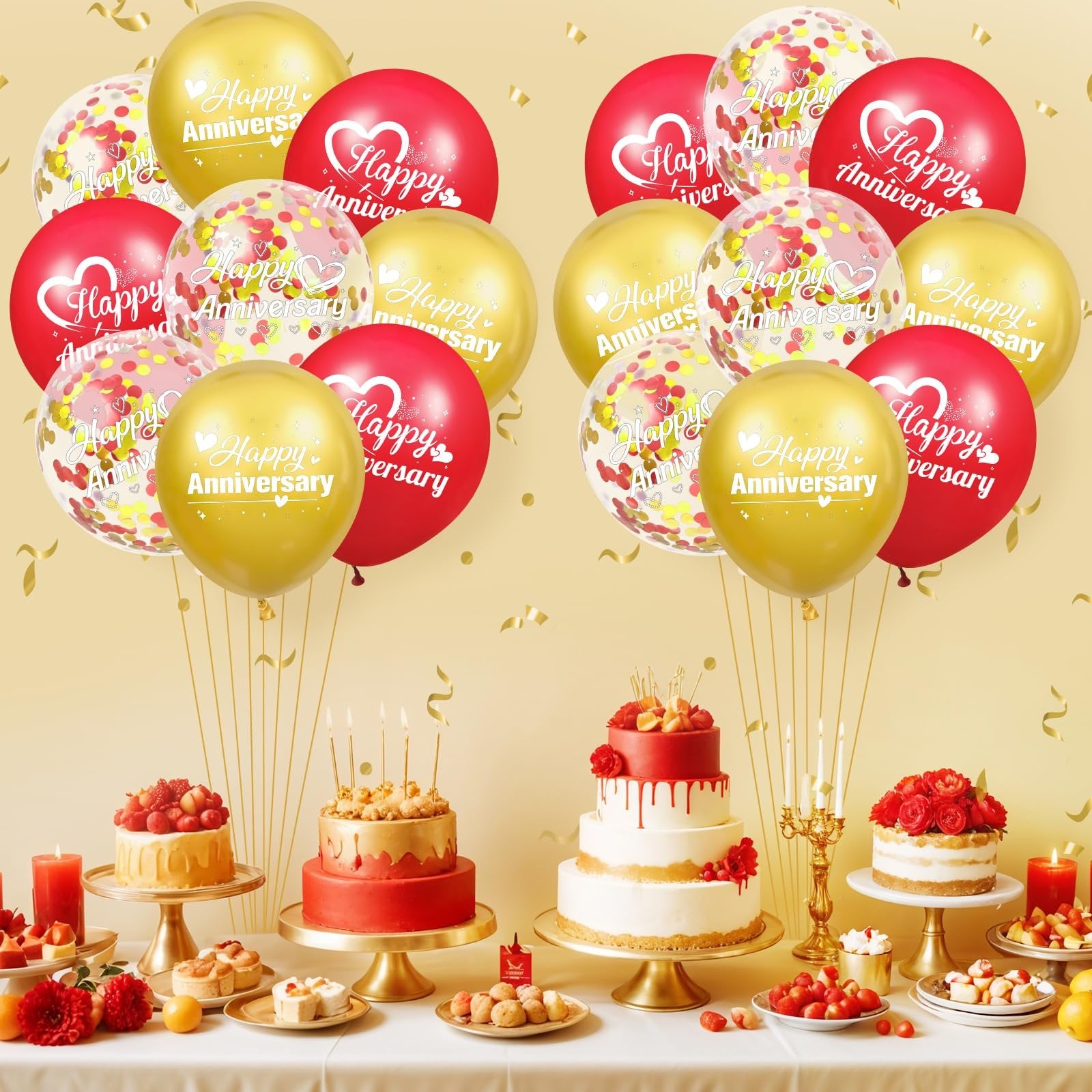 Anniversary party scene with balloons and cakes, featuring red, gold, and confetti balloons above a table laden with desserts.
